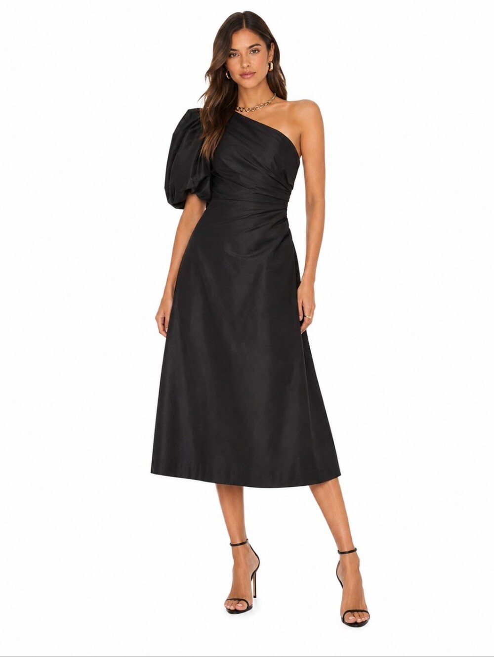 Anthropologie Aureta Black One Shoulder Puff Sleeve Midi Dress New Size S